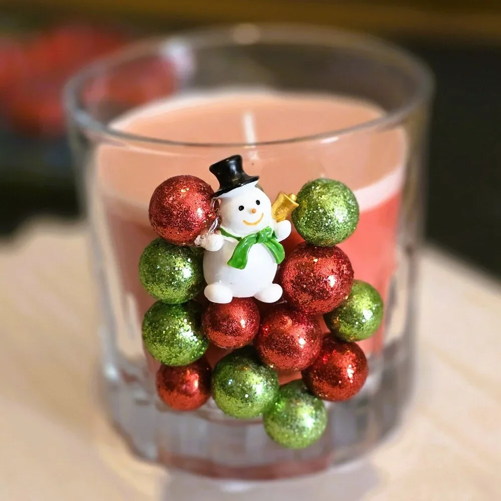 Christmas Candle‎ with Snowman and Green and Red Glitter Balls - New